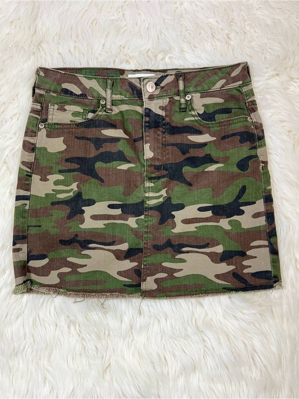 Forever 21 Camouflage Denim Mini Skirt Raw Hem